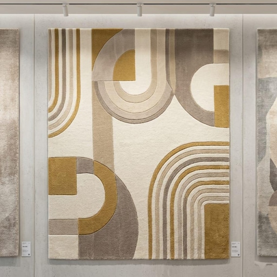 Mid-Century Modern Geometric Wool Rug – Ochre Mustard Bauhaus Carpet