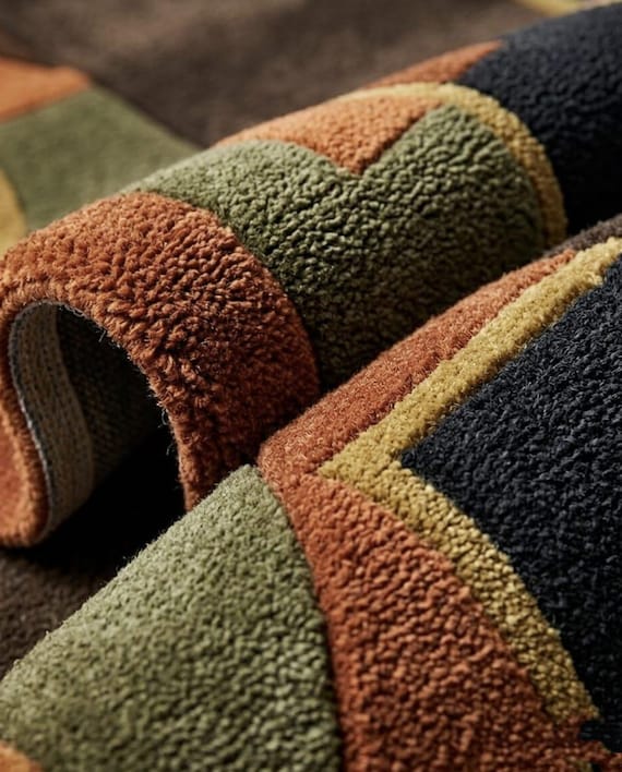 Mid Century Modern Geometric Rug - Hand Tufted Wool Rug, Burnt Orange Moss Green Abstract Carpet, Luxury Retro Rug