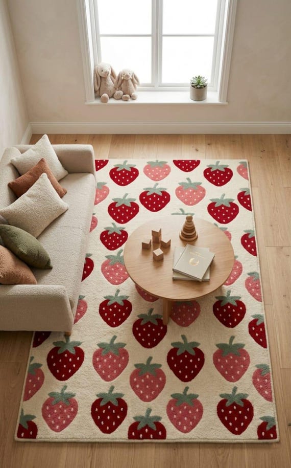Strawberry Handmade Wool Rug, Kids Room Nursery Rug, Cute Pink Red Tufted Area Rug, Scandinavian Playroom Decor, 8x10 9x12 Custom