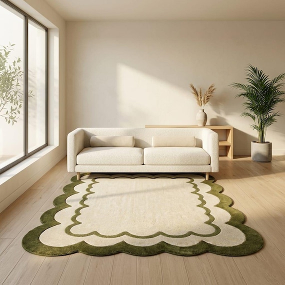 Scalloped Handmade Wool Rug, Olive Green Irregular Area Rug, Organic Modern Tufted Carpet, Japandi Decor, Custom Size 8x10 9x12