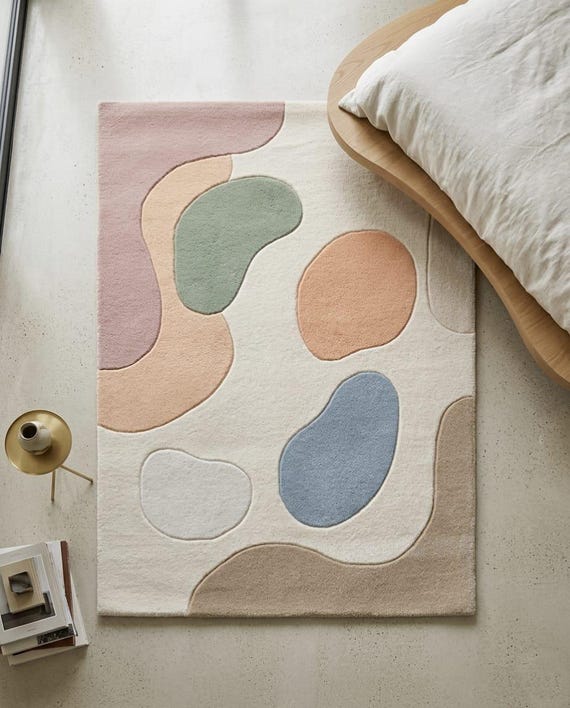 Pastel Organic Shape Rug - Hand Tufted Wool Area Rug, Soft Pebble Abstract Carpet, Minimalist Danish Decor