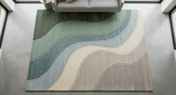 Modern Handmade Wool Rug, Sculpted Japandi Area Rug, Sage Green Neutral Tufted Carpet, Scandinavian Decor, 8x10 9x12 Custom