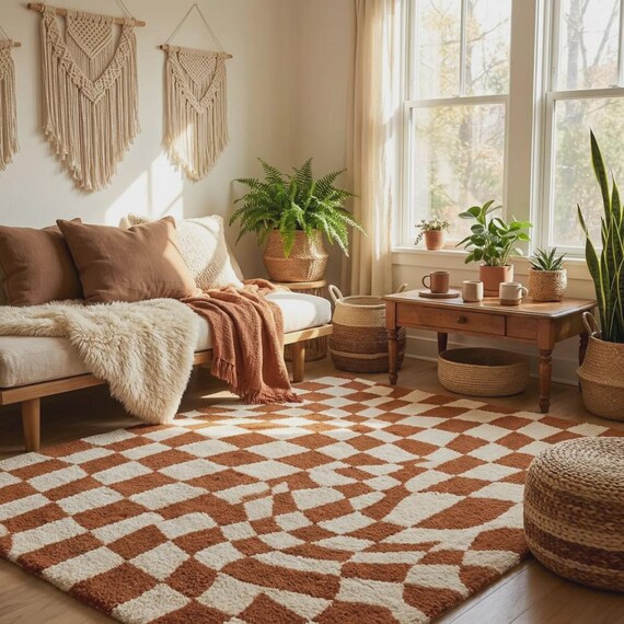 Mid Century Modern Shag Rug, Retro Wavy Area Rug, Earth Tone Abstract Swirl Carpet for Cozy Living Rooms