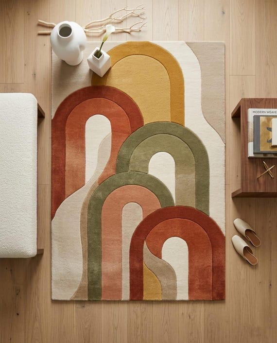 Hand Tufted Wool Rug, Abstract Arches Earth Tones Geometric Area Rug