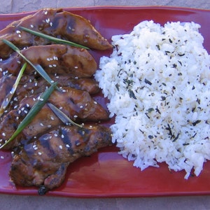 May include: A red plate with grilled chicken strips, white rice, and green onions. The chicken is glazed with a dark sauce and sprinkled with sesame seeds.