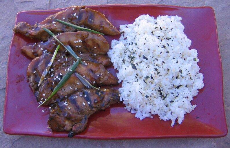 May include: A red plate with grilled chicken strips, white rice, and green onions. The chicken is glazed with a dark sauce and sprinkled with sesame seeds.