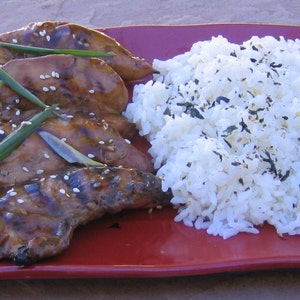 May include: A red plate with grilled chicken and white rice. The chicken is glazed with a dark sauce and topped with green onions and sesame seeds. The rice is sprinkled with black sesame seeds.