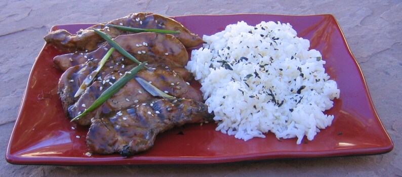 May include: A red plate with grilled chicken and white rice. The chicken is glazed with a dark sauce and topped with green onions and sesame seeds. The rice is sprinkled with black sesame seeds.