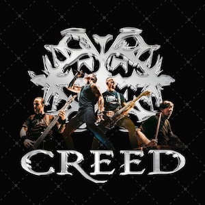 May include: Image of the band Creed performing on a black background. The band's name is displayed in silver, with a silver emblem above the band members. The band members are playing their instruments and singing.