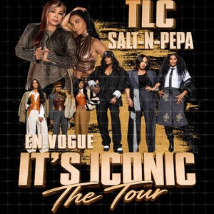 Op de afbeelding: Een promotieposter voor de It's Iconic Tour van TLC, Salt-N-Pepa en En Vogue. De afbeelding toont acht personen in diverse stijlvolle outfits, waaronder blazers, broeken en rokken, tegen een zwarte achtergrond met gouden tekst.
