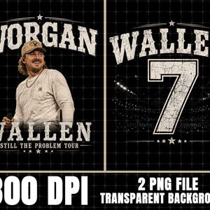 Może przedstawiać: Czarny projekt graficzny z napisem "WORGAN WALLEN" nad zdjęciem mężczyzny w czapce bejsbolowej i z mikrofonem. Tekst "WALLEN" i "STILL THE PROBLEM TOUR" znajdują się poniżej. Numer "7" znajduje się po prawej stronie.