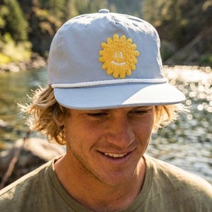 Smiling Sun Chenille Patch Hat — Powder Blue Rope Snapback, Nylon Surf Cap, Good Vibes, Unstructured Summer Outdoor Light Weight