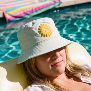 Smiling Sun Chenille Patch Bucket Hat — Lime Pistachio Green Recycled Nylon, Packable, One Size Fits Most  —Lightweight Summer Outdoor Cap