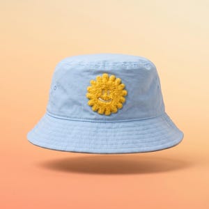 Smiling Sun Chenille Patch Bucket Hat, Powder Blue Nylon Cap, Smiley Face Summer Hat, Lightweight Festival Beach Outdoor Packable Unisex