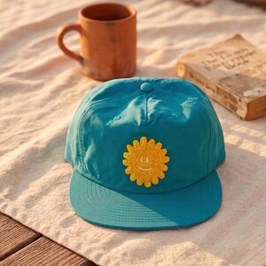 Smiling Sun Chenille Patch Hat | Bright Teal Nylon 5-Panel Snapback Surf | Unstructured Mid-Profile Outdoor Cap | Summer Gift for Him Her
