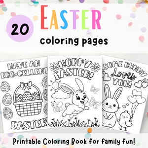 May include: A set of 20 Easter coloring pages featuring black and white line art. The designs include an Easter basket with eggs, a bunny with the text Hoppy Easter, and a bunny with a chick and the text Some Bunny Loves You.