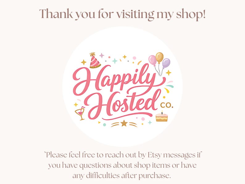 K&ouml;nnte beinhalten: Ein kreisf&ouml;rmiges Grafik mit dem Text "Happily Hosted co." in rosa Schrift, umgeben von Party-Illustrationen wie Luftballons, einem Kuchen und einer Partyh&uuml;tchen. Der Satz "Vielen Dank f&uuml;r Ihren Besuch in meinem Shop!" steht dar&uuml;ber.