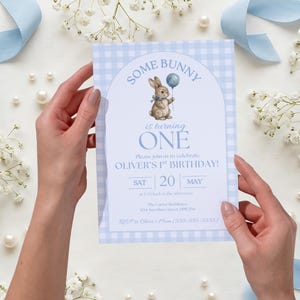 Some Bunny is One Baby First Birthday Invitation, Vintage Coquette Gingham blue Bow Bunny 1st Birthday, Digital Download Canva Template Bild 10