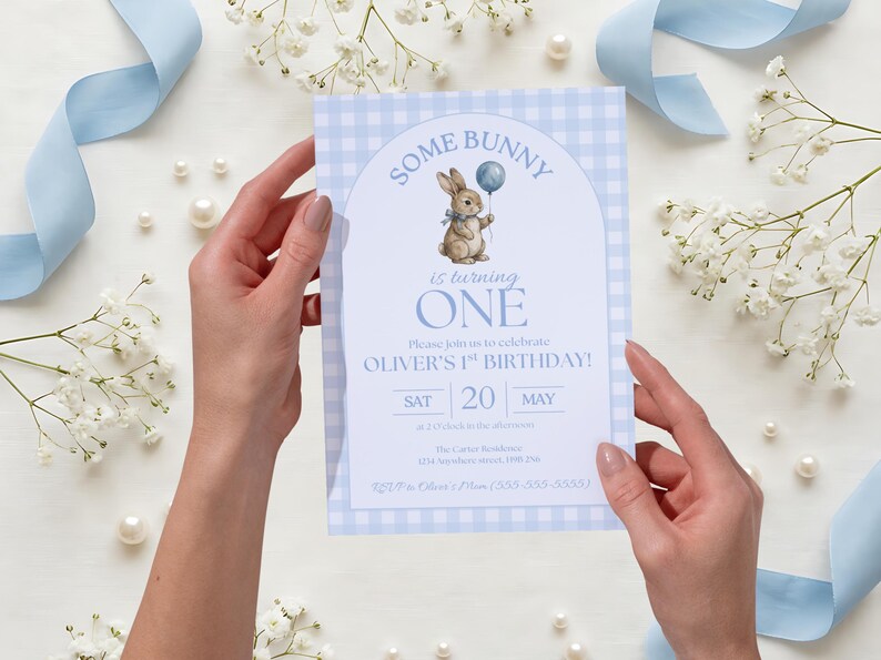 Some Bunny is One Baby First Birthday Invitation, Vintage Coquette Gingham blue Bow Bunny 1st Birthday, Digital Download Canva Template Bild 10