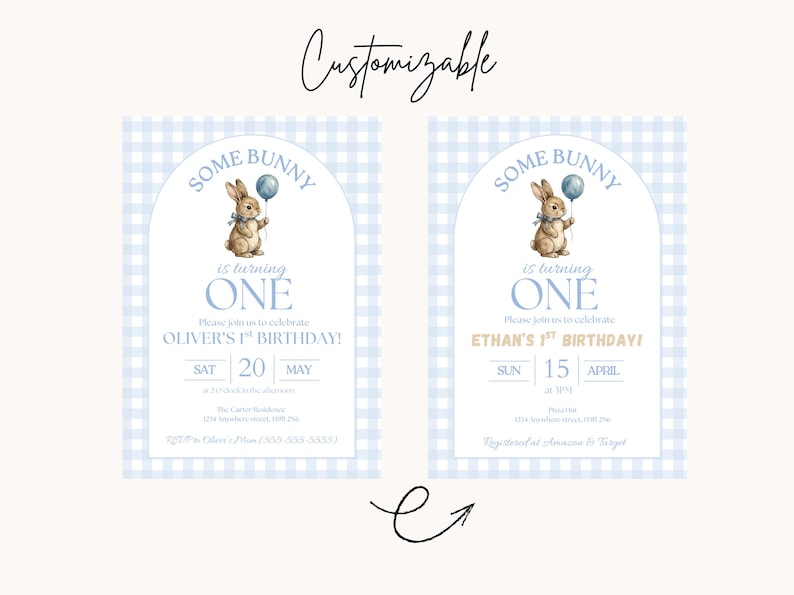 K&ouml;nnte beinhalten: Anpassbare Geburtstagseinladungen mit einem Aquarell-Hasen, der einen Ballon h&auml;lt. Das Design enth&auml;lt den Text "Some Bunny is turning ONE" und Veranstaltungsdetails auf blauem Vichy-Hintergrund. Die Einladungen sind f&uuml;r Olivers und Ethans 1. Geburtstag.