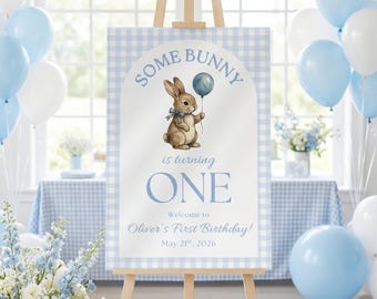 Some bunny Is Turning One First Birthday Welcome Sign, Blue Gingham Boy 1st Birthday sign poster, (Digital Download, Canva Template)