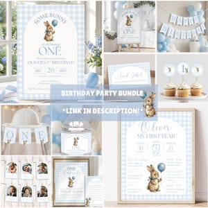 Some Bunny is One Baby First Birthday Invitation, Vintage Coquette Gingham blue Bow Bunny 1st Birthday, Digital Download Canva Template Bild 2