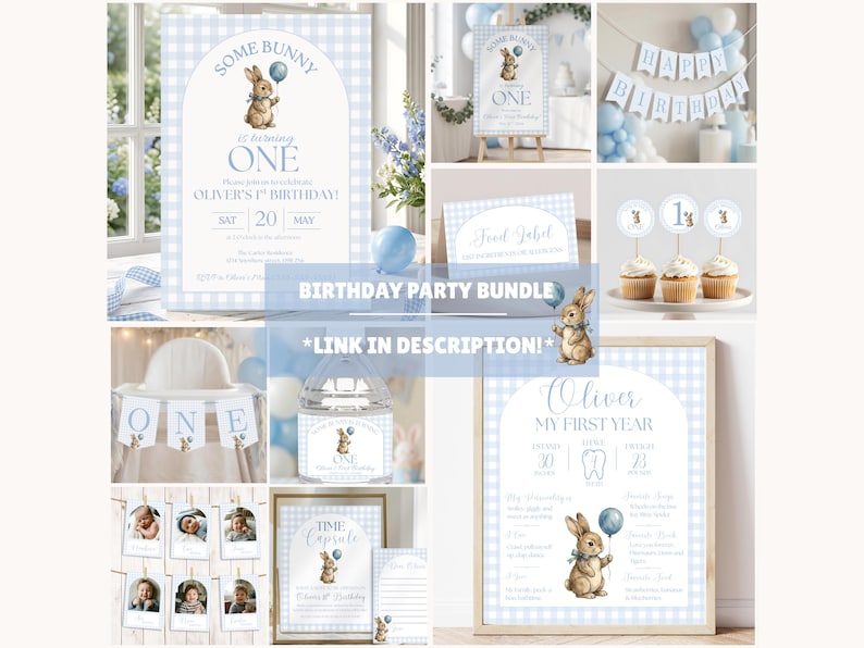 Some Bunny is One Baby First Birthday Invitation, Vintage Coquette Gingham blue Bow Bunny 1st Birthday, Digital Download Canva Template Bild 2