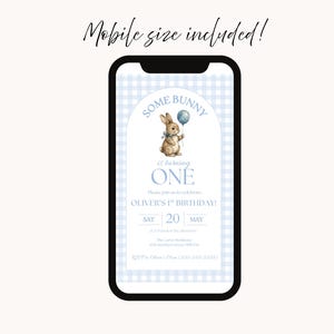 Some Bunny is One Baby First Birthday Invitation, Vintage Coquette Gingham blue Bow Bunny 1st Birthday, Digital Download Canva Template Bild 6