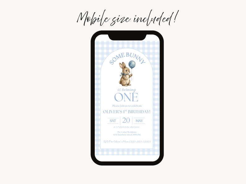 Some Bunny is One Baby First Birthday Invitation, Vintage Coquette Gingham blue Bow Bunny 1st Birthday, Digital Download Canva Template Bild 6