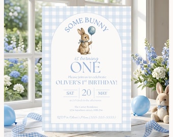 Some Bunny is One Baby First Birthday Invitation, Vintage Coquette Gingham blue Bow Bunny 1st Birthday, Digital Download Canva Template