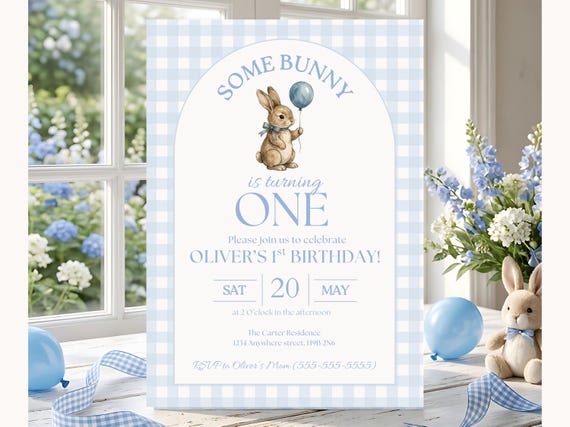 Some Bunny is One Baby First Birthday Invitation, Vintage Coquette Gingham blue Bow Bunny 1st Birthday, Digital Download Canva Template