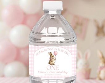 Some Bunny Is One Water Bottle Label Template, Editable Blue Gingham boy 1st Birthday Party Favors (Digital Download, Canva Template)