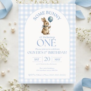 Some Bunny is One Baby First Birthday Invitation, Vintage Coquette Gingham blue Bow Bunny 1st Birthday, Digital Download Canva Template Bild 11