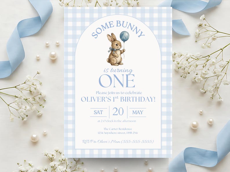 Some Bunny is One Baby First Birthday Invitation, Vintage Coquette Gingham blue Bow Bunny 1st Birthday, Digital Download Canva Template Bild 11