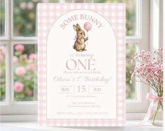 Some Bunny is One Baby First Birthday Invitation, Vintage Coquette Gingham Pink Bow Bunny 1st Birthday, Digital Download Canva Template