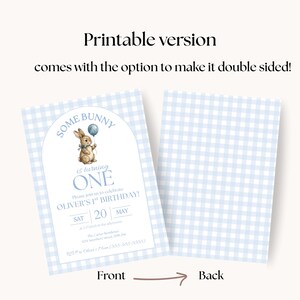 Some Bunny is One Baby First Birthday Invitation, Vintage Coquette Gingham blue Bow Bunny 1st Birthday, Digital Download Canva Template Bild 9