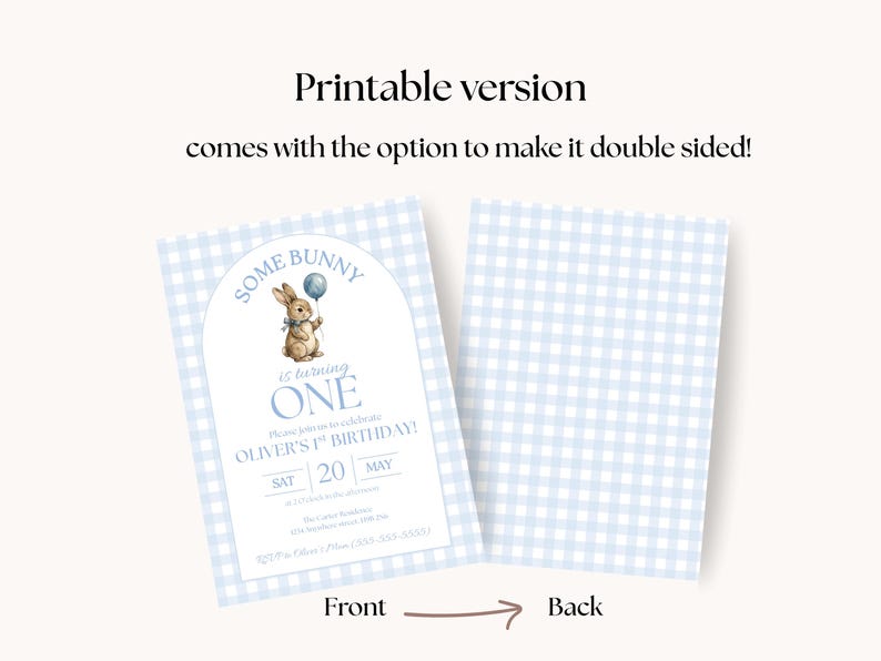 Some Bunny is One Baby First Birthday Invitation, Vintage Coquette Gingham blue Bow Bunny 1st Birthday, Digital Download Canva Template Bild 9