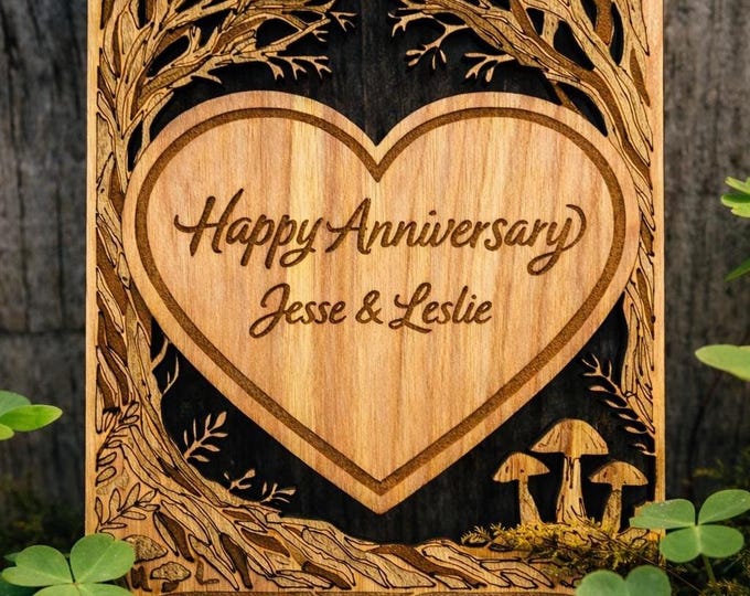 Featured listing image: Custom Wood Anniversary Cards | Personalized Engraved Wood Keepsake | Romantic Gift for Him or Her