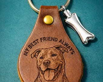 Pit Bull Cremation Keychain | Personalized Memorial Gift with Ashes Vial | Engraved Leather Keepsake