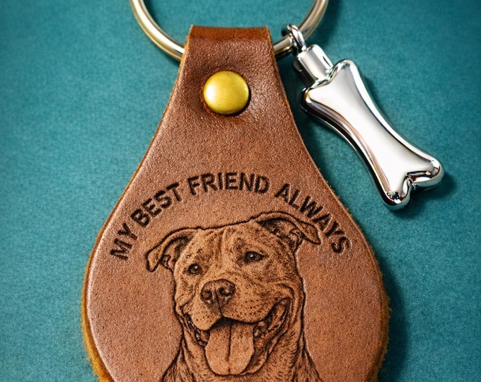 Pit Bull Cremation Keychain | Personalized Memorial Gift with Ashes Vial | Engraved Leather Keepsake