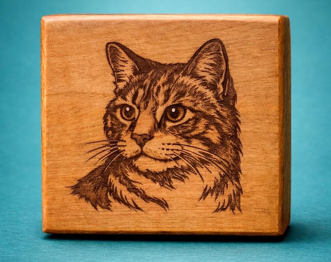 Personalized Cat Portrait | Laser Engraved Cherry Wood Block
