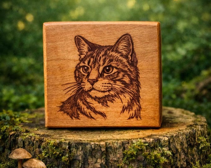 Featured listing image: Personalized Cat Portrait | Laser Engraved Cherry Wood Block