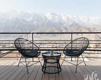 Handgemaakte Marokkaanse Acapulco-stoelenset | Stoelen met ijzeren koord, bistrotafel, boho-terrasmeubilair