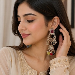 Maroon Kundan Jhumka Earrings, Gold Chandbali Pearl Earrings, Indian Bridal Jewelry, Multicolor Bead Drop Jhumki, Ethnic Statement Set