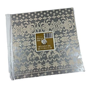 May include: A package of gift wrap with a repeating pattern of cream floral and bell designs on a grey background. The package contains two sheets, each measuring 76 cm by 51 cm.