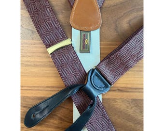 VTG Trafalgar Suspenders Burgundy Geometric Silk Black Leather Button Braces