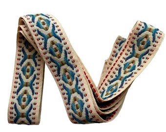 Woven Embroidered 1.25" Ribbon 58" Long Multicolor Geometric Cream Blue Red