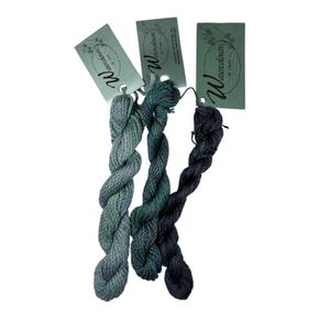 May include: Three skeins of variegated embroidery floss in shades of green and blue. Each skein is labeled with a green tag that reads "Watercolours by Caron". The floss is twisted and displayed against a white background.
