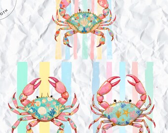 Preppy Crab PNG Bundle | Pastel Coastal Crab Clipart | Beach Summer Shirt Design | Ocean Animal Sublimation Art Set for Coastal Gifts