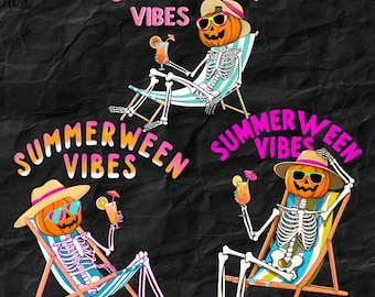 Summerween Skeleton PNG Bundle | Halloween Lounge Chair Clipart | Pumpkin Skull Shirt Design | Spooky Season Sublimation Art Set